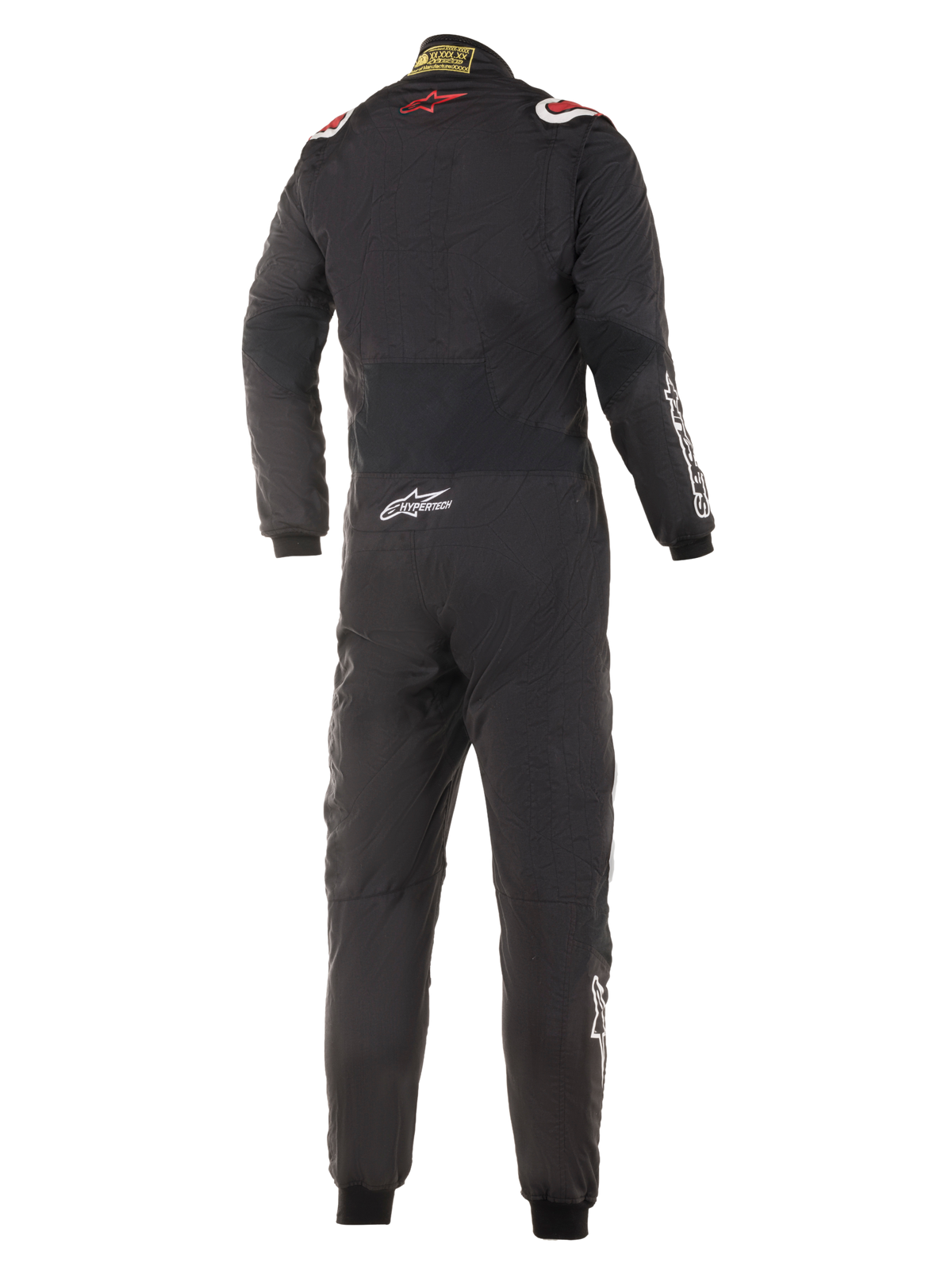 Mono Alpinestars Hypertech, traje de carreras para automovilismo, negro con detalles en rojo y blanco, vista trasera con logo de estrella roja en la espalda superior y marca Hypertech en la zona lumbar, diseño profesional de una pieza para motorsport