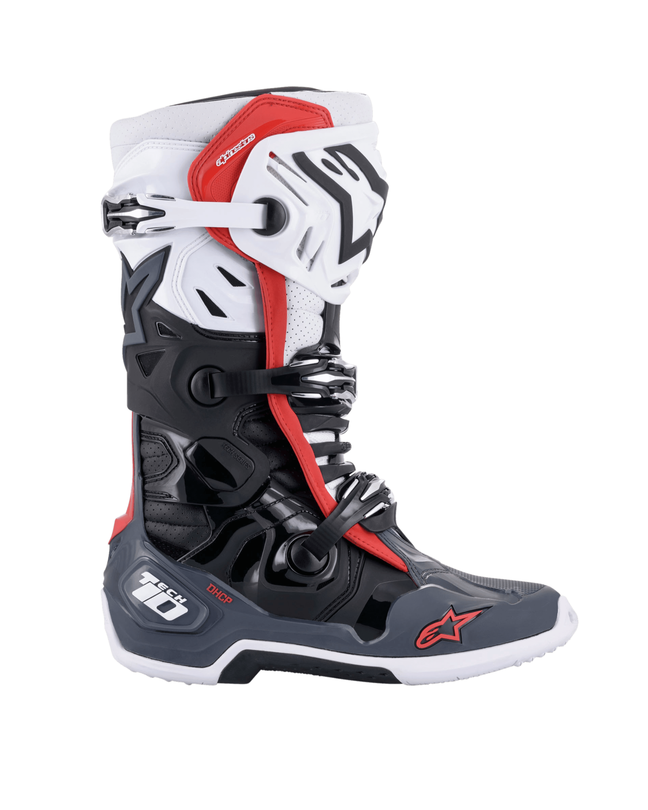 Botas Alpinestars Tech 10 Supervented, botas de motocross, negro, blanco, gris medio y rojo, vista de perfil lateral con múltiples cierres de hebilla, paneles ventilados y logotipos rojos de Alpinestars, diseño de calzado técnico todoterreno