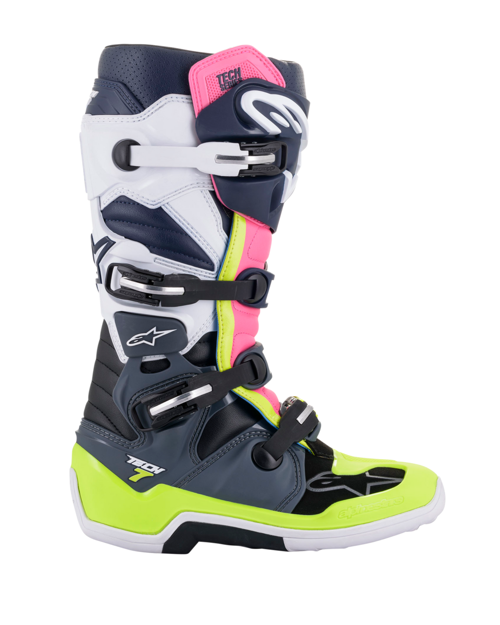 Botas Alpinestars Tech 7, botas de motocross, gris oscuro, azul oscuro y rosa flúor, sistema de cierre de cuatro hebillas con detalles en amarillo neón y blanco, construcción protectora con suela reforzada, equipamiento profesional para carreras todoterreno