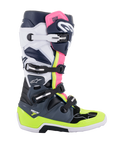 Botas Alpinestars Tech 7, botas de motocross, gris oscuro, azul oscuro y rosa flúor, sistema de cierre de cuatro hebillas con detalles en amarillo neón y blanco, construcción protectora con suela reforzada, equipamiento profesional para carreras todoterreno