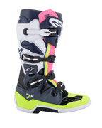 Botas Alpinestars Tech 7, botas de motocross, gris oscuro, azul oscuro y rosa flúor, sistema de cierre de cuatro hebillas con detalles en amarillo neón y blanco, construcción protectora con suela reforzada, equipamiento profesional para carreras todoterreno