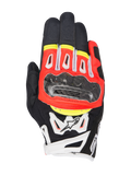 Guantes Alpinestars SMX-2 Air Carbon V2, guantes de moto de puño corto, negros con detalles en rojo fluorescente, blanco y amarillo, con protector de nudillos de fibra de carbono, paneles de malla 3D para ventilación y confección en cuero, diseño deportivo para carretera