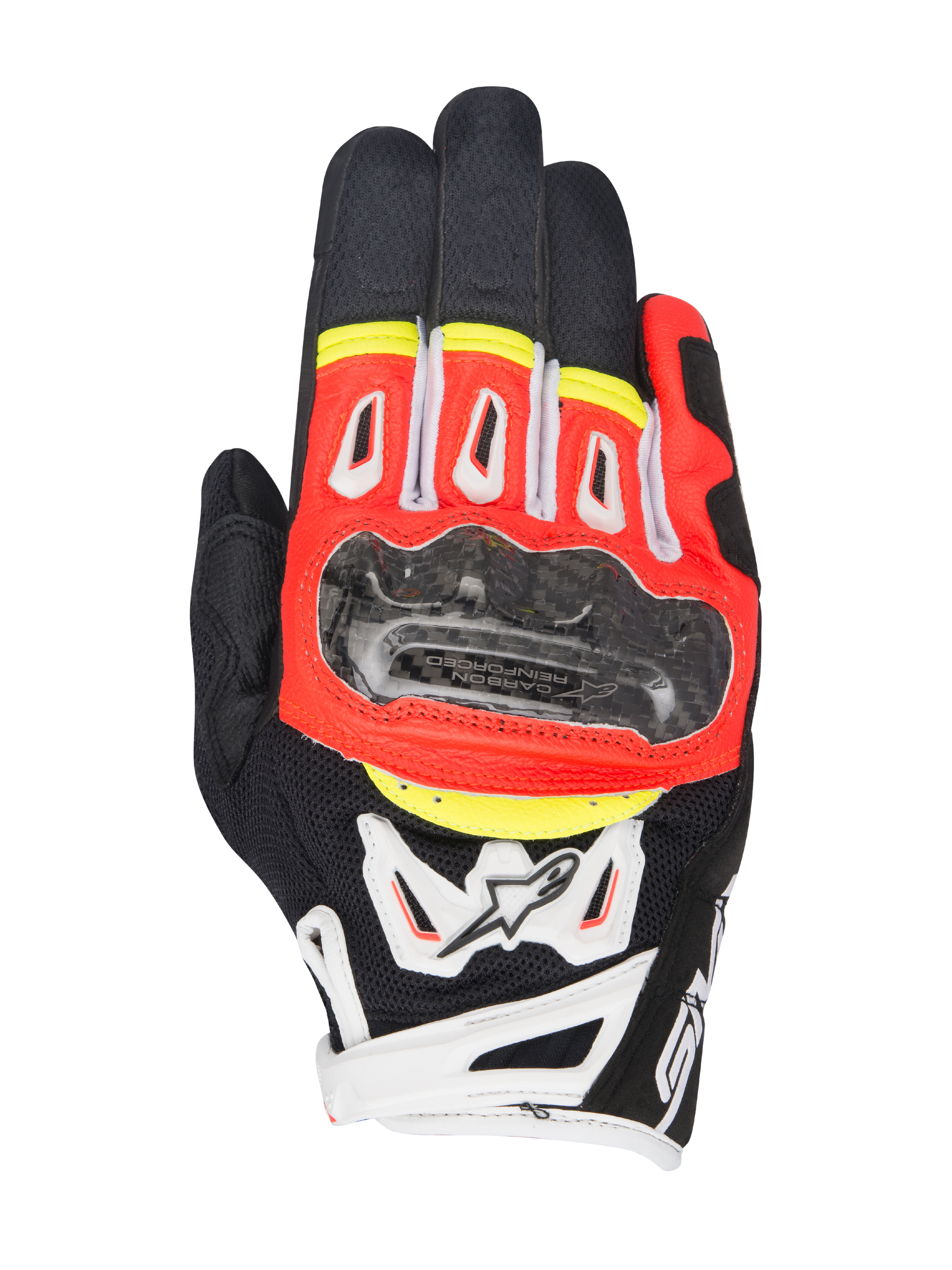 Guantes Alpinestars SMX-2 Air Carbon V2, guantes de moto de puño corto, negros con detalles en rojo fluorescente, blanco y amarillo, con protector de nudillos de fibra de carbono, paneles de malla 3D para ventilación y confección en cuero, diseño deportivo para carretera