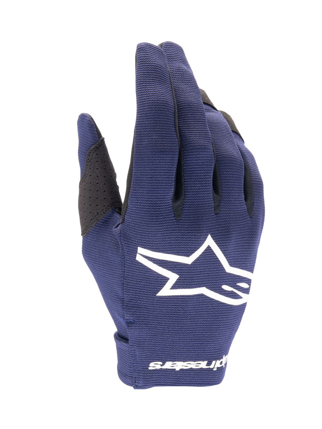 Guantes Alpinestars Radar 2025, guantes de motocross, azul marino y blanco, tejido azul oscuro texturizado con un gran logotipo de estrella blanco, marca blanca en la muñeca, diseño ligero para carreras todoterreno