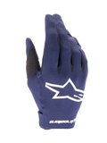 Guantes Alpinestars Radar 2025, guantes de motocross, azul marino y blanco, tejido azul oscuro texturizado con un gran logotipo de estrella blanco, marca blanca en la muñeca, diseño ligero para carreras todoterreno
