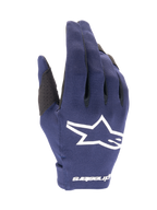 Guantes Alpinestars Radar 2025, guantes de motocross, azul marino y blanco, tejido azul oscuro texturizado con un gran logotipo de estrella blanco, marca blanca en la muñeca, diseño ligero para carreras todoterreno