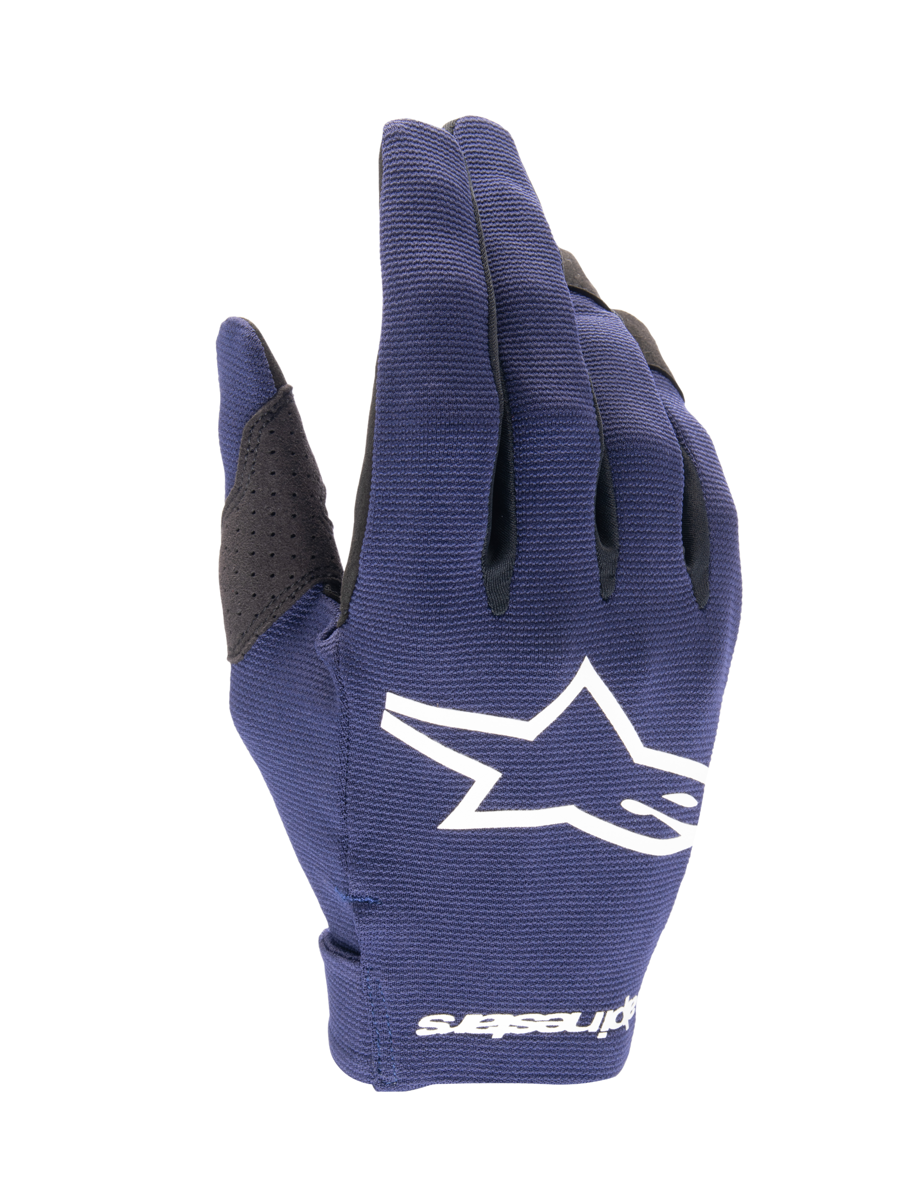 Guantes Alpinestars Radar 2025, guantes de motocross, azul marino y blanco, tejido azul oscuro texturizado con un gran logotipo de estrella blanco, marca blanca en la muñeca, diseño ligero para carreras todoterreno