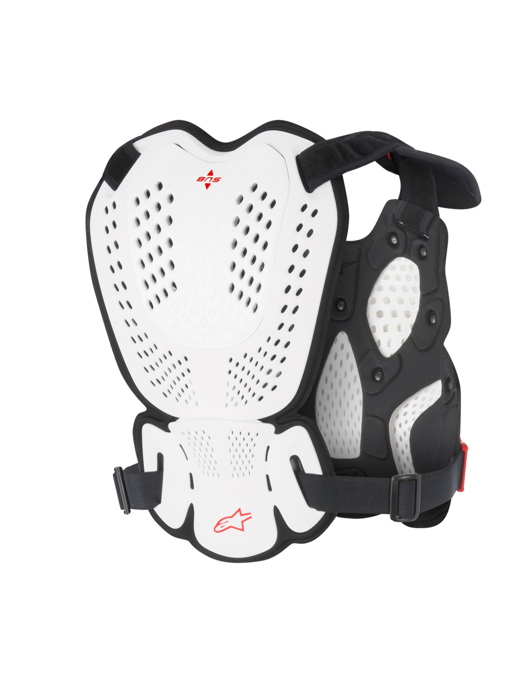 Alpinestars A-1 Roost Guard, protector de pecho y espalda para motocross, blanco y negro con logo Alpinestars en rojo, placas de carcasa rígida perforadas, acolchado de bio-foam, vista trasera que muestra la cobertura de protección para motocross y conducción off-road