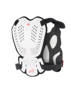 Alpinestars A-1 Roost Guard, protector de pecho y espalda para motocross, blanco y negro con logo Alpinestars en rojo, placas de carcasa rígida perforadas, acolchado de bio-foam, vista trasera que muestra la cobertura de protección para motocross y conducción off-road