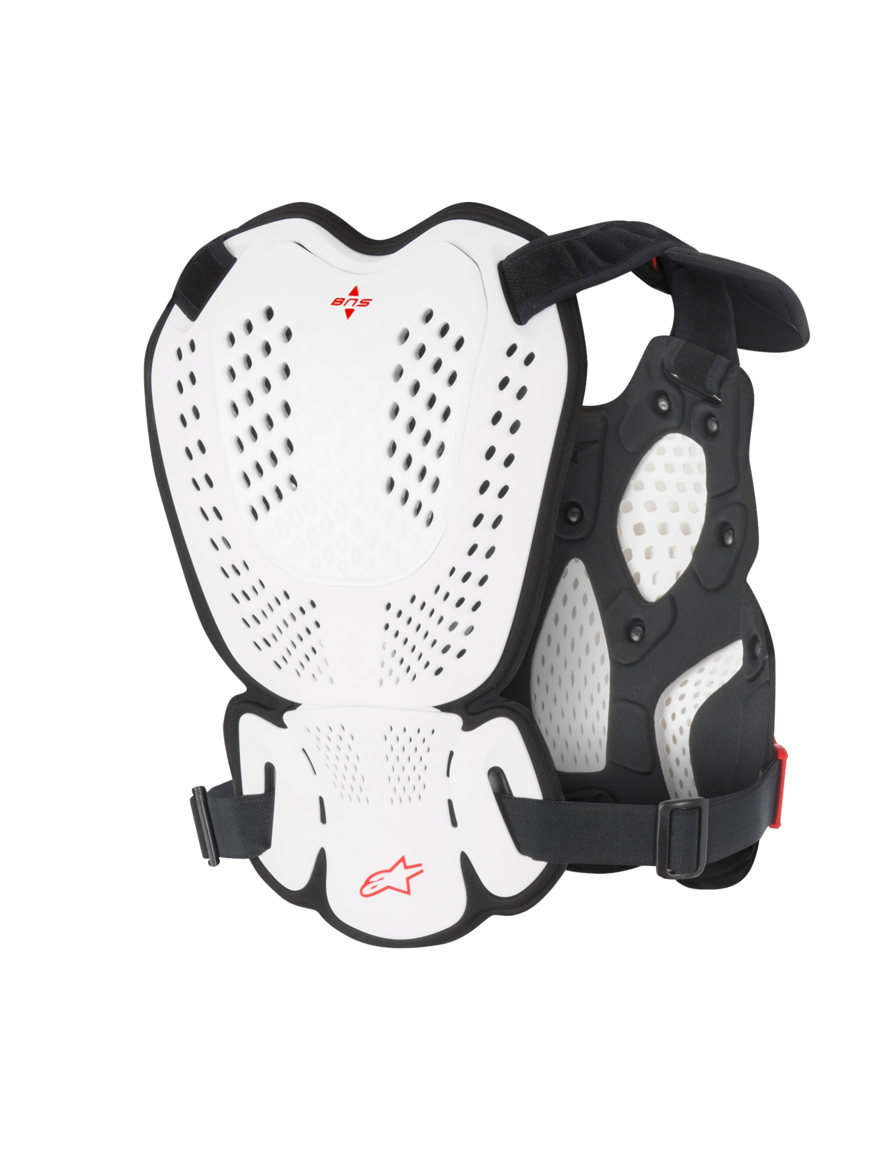 Alpinestars A-1 Roost Guard, protector de pecho y espalda para motocross, blanco y negro con logo Alpinestars en rojo, placas de carcasa rígida perforadas, acolchado de bio-foam, vista trasera que muestra la cobertura de protección para motocross y conducción off-road