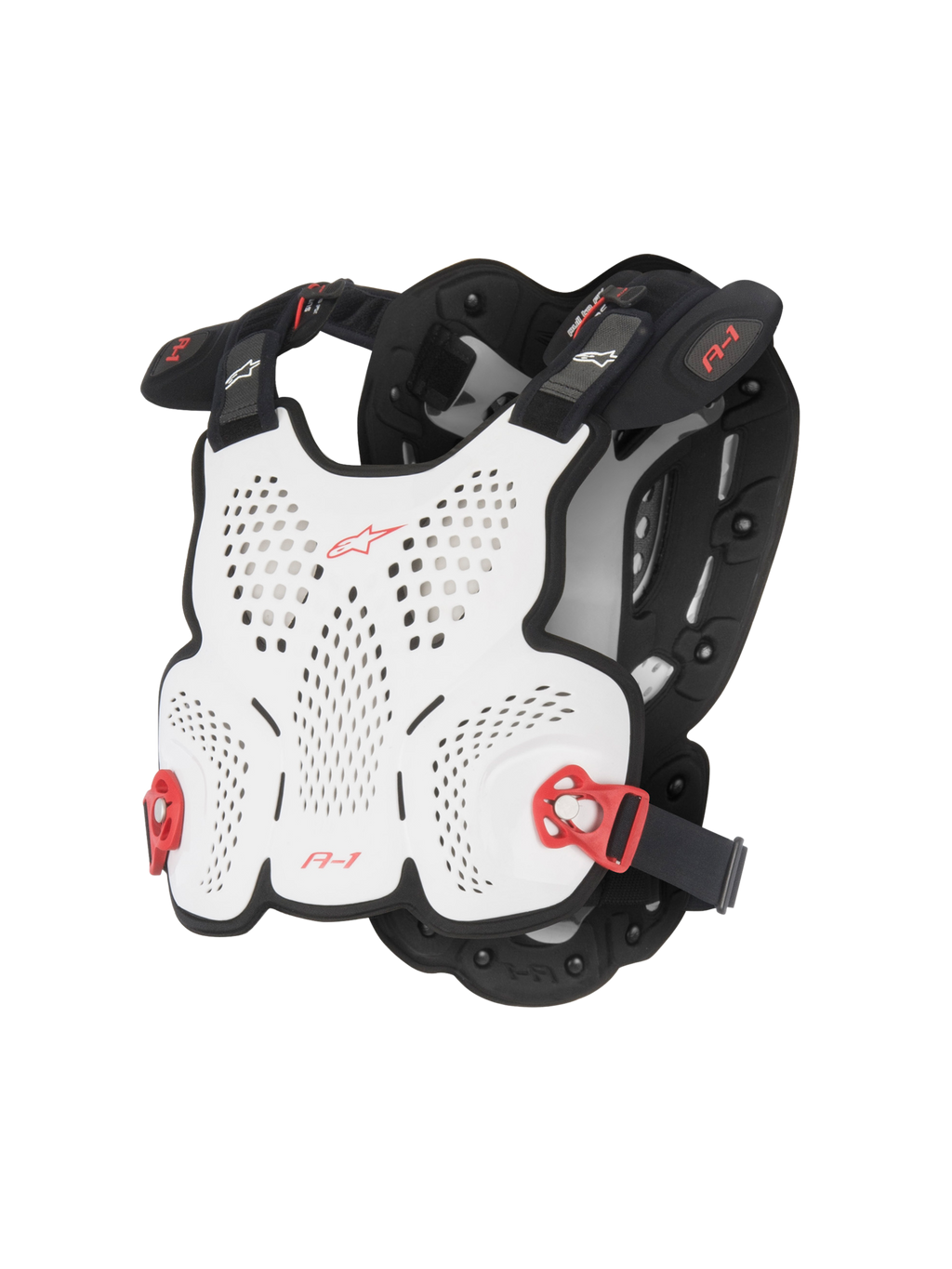 Alpinestars A-1 Roost Guard, protector de pecho para motocross, blanco y negro con detalles rojos, carcasa rígida perforada para ventilación, hebillas laterales ajustables rojas, diseño ligero y ergonómico para conducción off-road