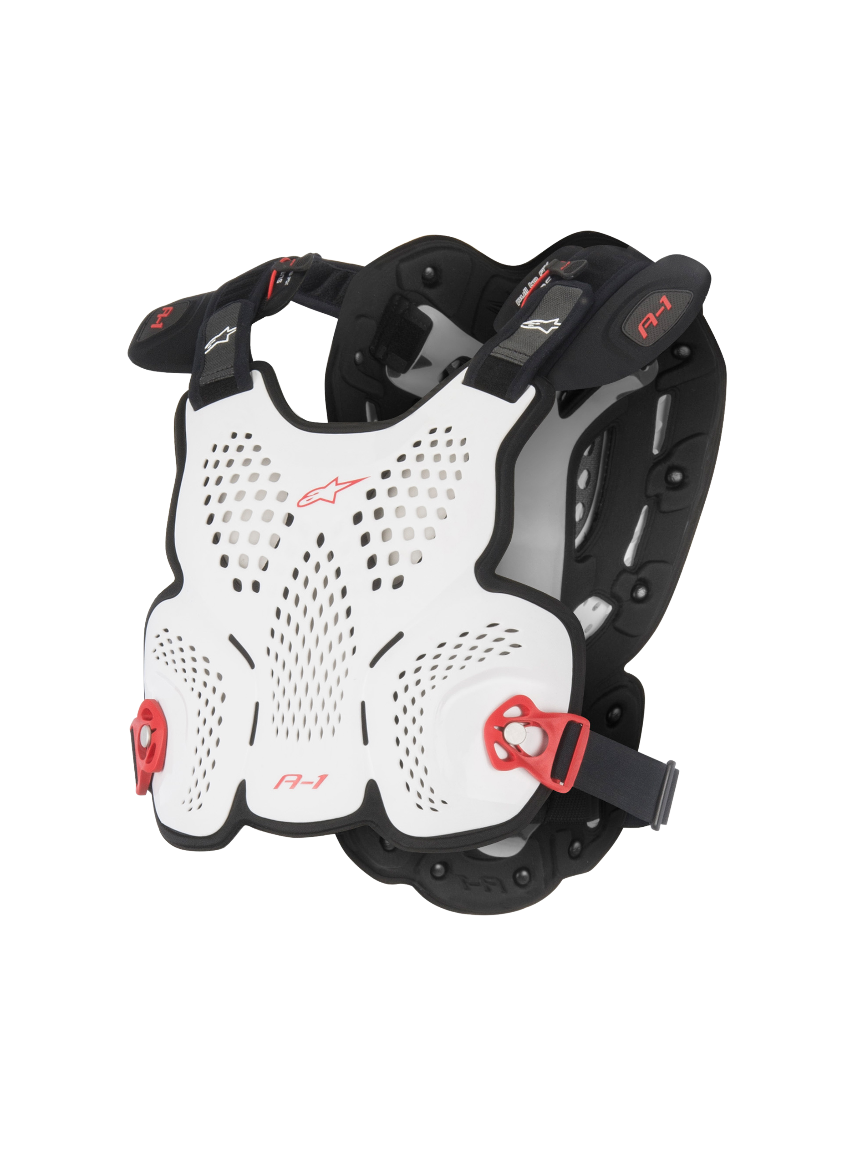 Alpinestars A-1 Roost Guard, protector de pecho para motocross, blanco y negro con detalles rojos, carcasa rígida perforada para ventilación, hebillas laterales ajustables rojas, diseño ligero y ergonómico para conducción off-road