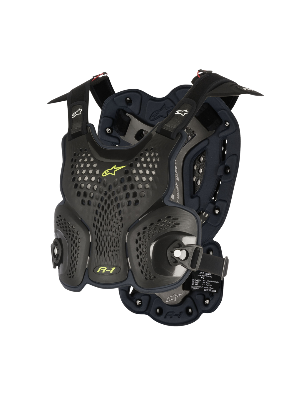 Alpinestars A-1 Roost Guard, peto protector para motocross, negro antracita con detalles en amarillo neón, placas rígidas con diseño de panal perforado, acolchado de espuma bio-foam, correas ajustables, protección corporal ligera para off-road