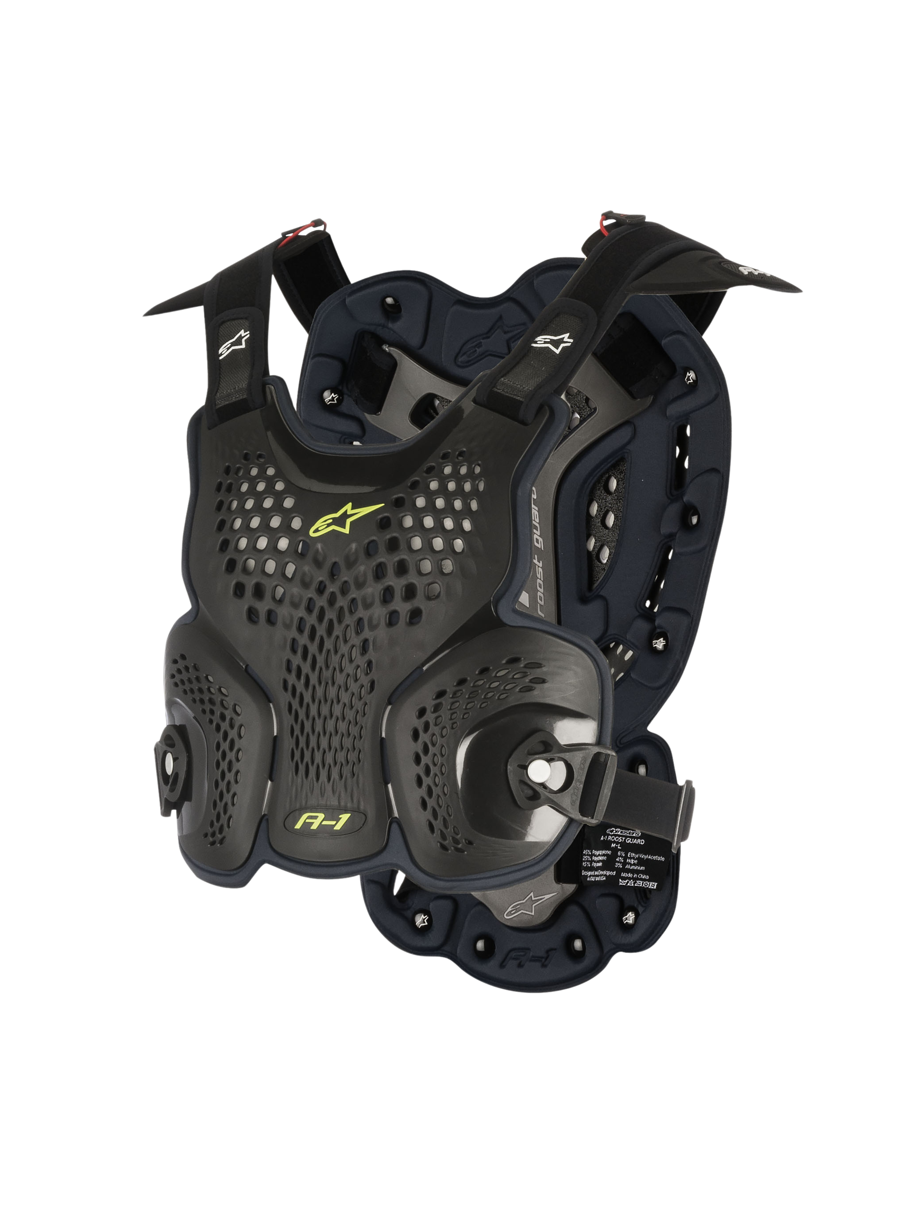 Alpinestars A-1 Roost Guard, peto protector para motocross, negro antracita con detalles en amarillo neón, placas rígidas con diseño de panal perforado, acolchado de espuma bio-foam, correas ajustables, protección corporal ligera para off-road