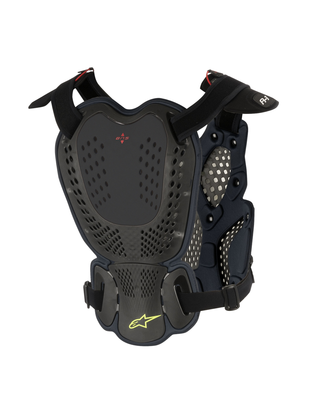 Alpinestars A-1 Roost Guard, protector de pecho y espalda para motocross, Negro Antracita, vista posterior con placas de carcasa rígida perforadas, logotipo BNS rojo y logotipo de la estrella de Alpinestars en verde lima con correas ajustables para protección todoterreno