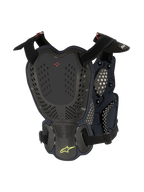 Alpinestars A-1 Roost Guard, protector de pecho y espalda para motocross, Negro Antracita, vista posterior con placas de carcasa rígida perforadas, logotipo BNS rojo y logotipo de la estrella de Alpinestars en verde lima con correas ajustables para protección todoterreno