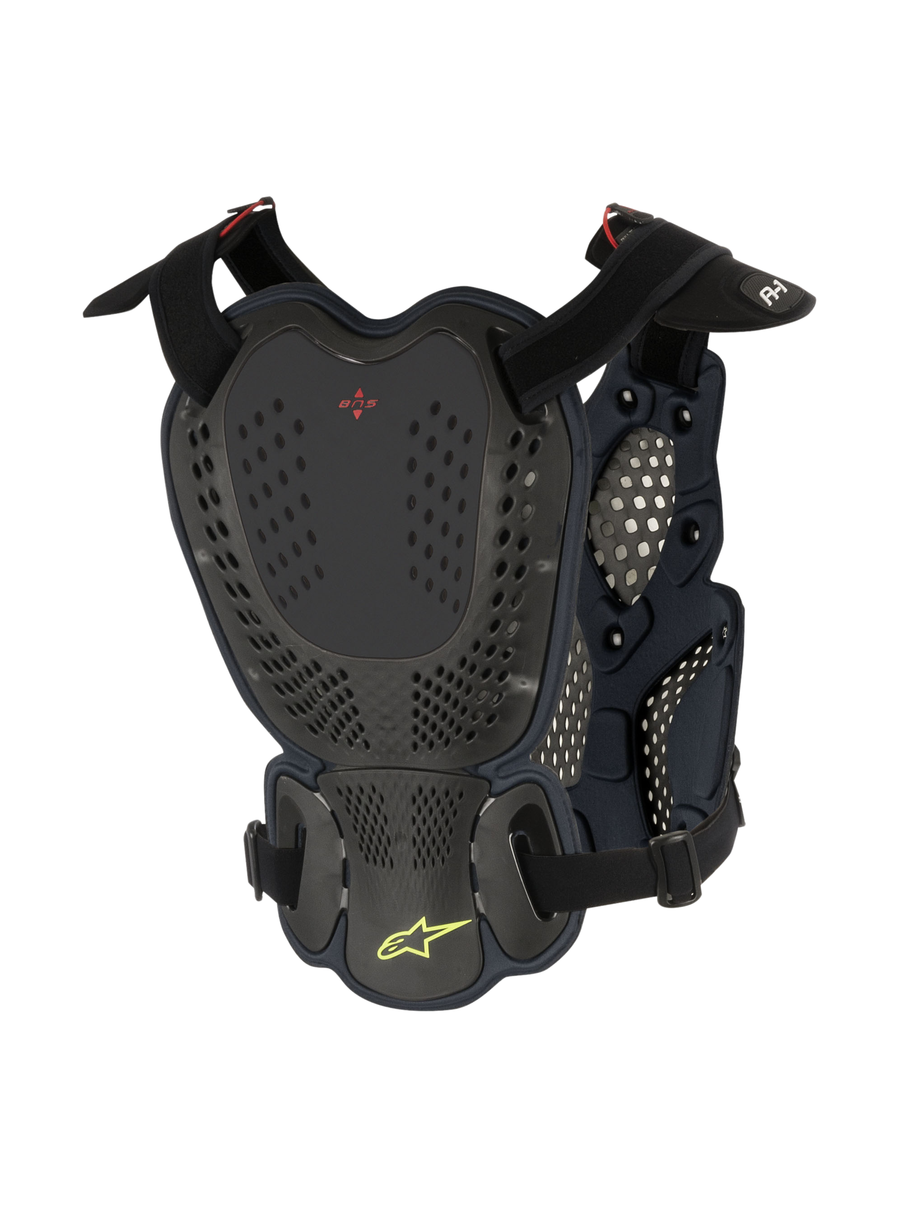 Alpinestars A-1 Roost Guard, protector de pecho y espalda para motocross, Negro Antracita, vista posterior con placas de carcasa rígida perforadas, logotipo BNS rojo y logotipo de la estrella de Alpinestars en verde lima con correas ajustables para protección todoterreno