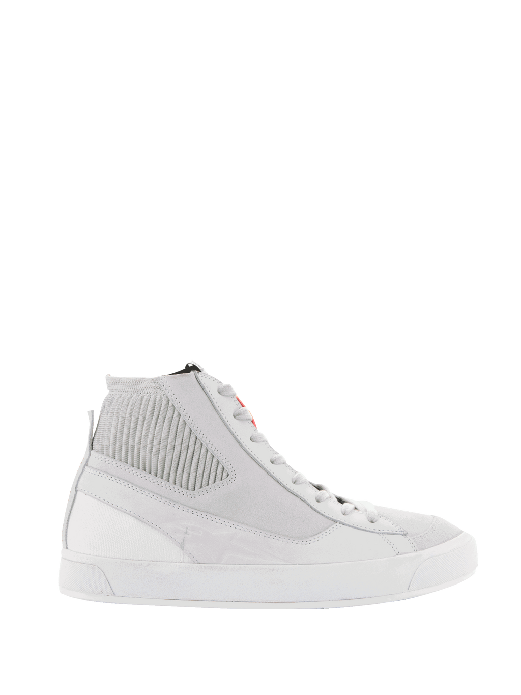 Alpinestars Stated Shoes, Urban Motorcycle Riding Shoes, White and Cool Gray, high-top sneaker featuring a ribbed knitted ankle collar, nubuck and canvas upper, white vulcanized rubber sole, minimalist retro design with red logo detail on the tongue