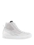 Alpinestars Stella Stated Podium Shoes, Women's High-Top Riding Sneakers, White and Cool Gray, featuring a thick white vulcanized sole, ribbed textile ankle panel, lace-up closure, and subtle logo detail, retro urban skate-inspired design