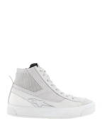 Alpinestars Stella Stated Podium Shoes, Women's High-Top Riding Sneakers, White and Cool Gray, featuring a thick white vulcanized sole, ribbed textile ankle panel, lace-up closure, and subtle logo detail, retro urban skate-inspired design