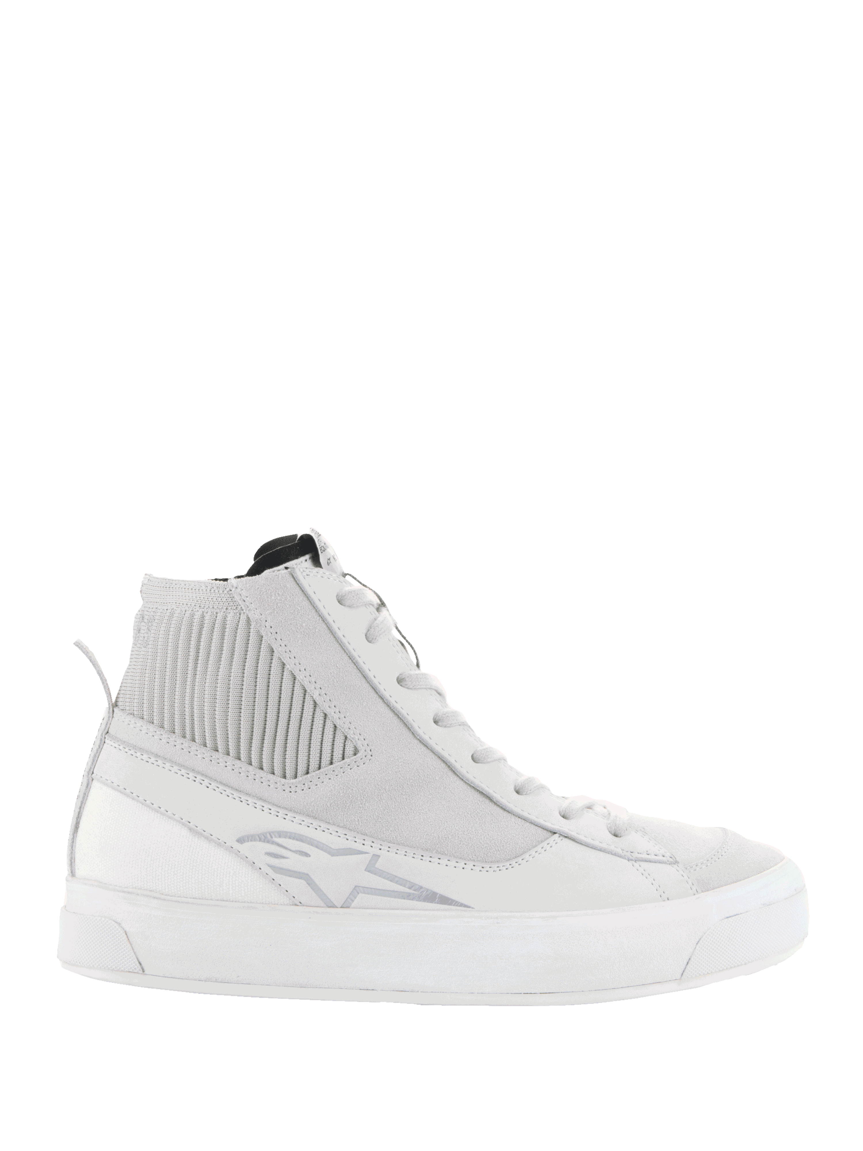 Alpinestars Stella Stated Podium Shoes, Women's High-Top Riding Sneakers, White and Cool Gray, featuring a thick white vulcanized sole, ribbed textile ankle panel, lace-up closure, and subtle logo detail, retro urban skate-inspired design
