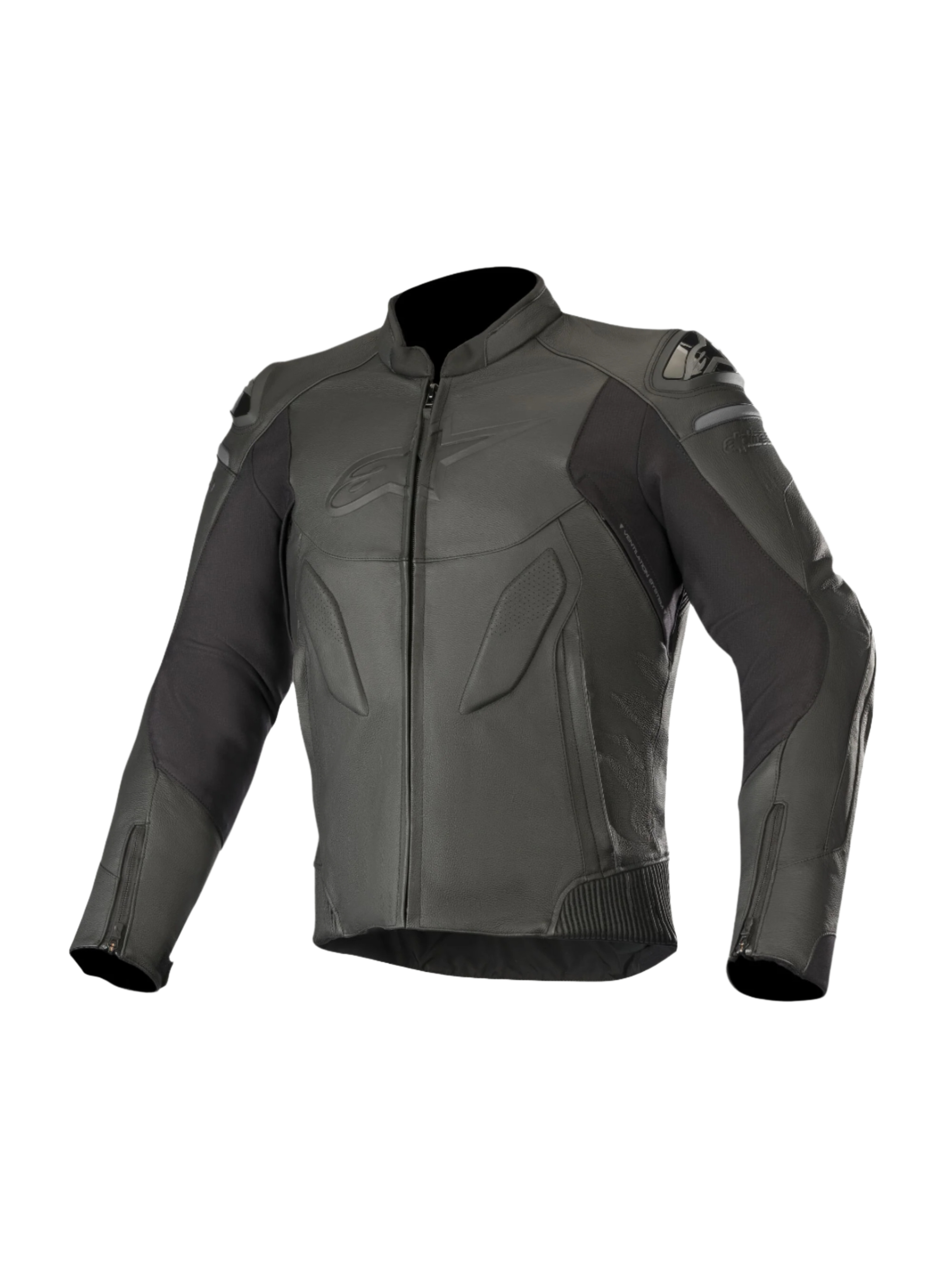 Alpinestars Caliber Leather Jacket, Black, motorcycle road gear, featuring premium leather construction with perforated panels, external DFS shoulder sliders, zippered front and cuffs, and subtle embossed chest logo