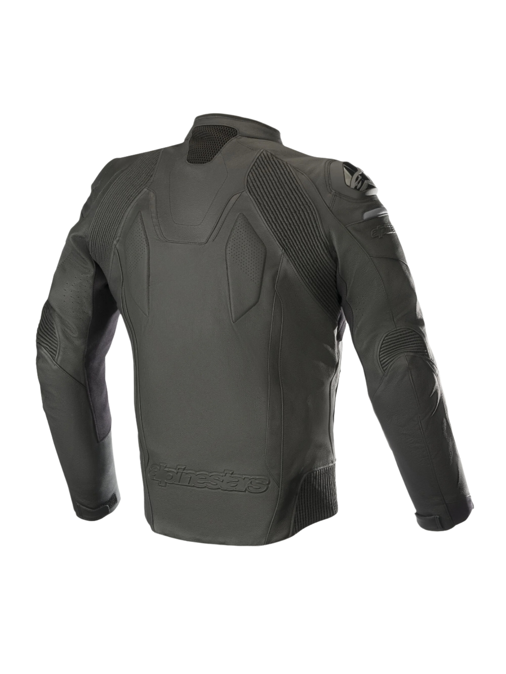 Alpinestars Caliber Leather Jacket, Black, back view showing premium leather construction, accordion stretch panels on shoulders and elbows, external DFS shoulder sliders, and embossed Alpinestars branding at the lower back