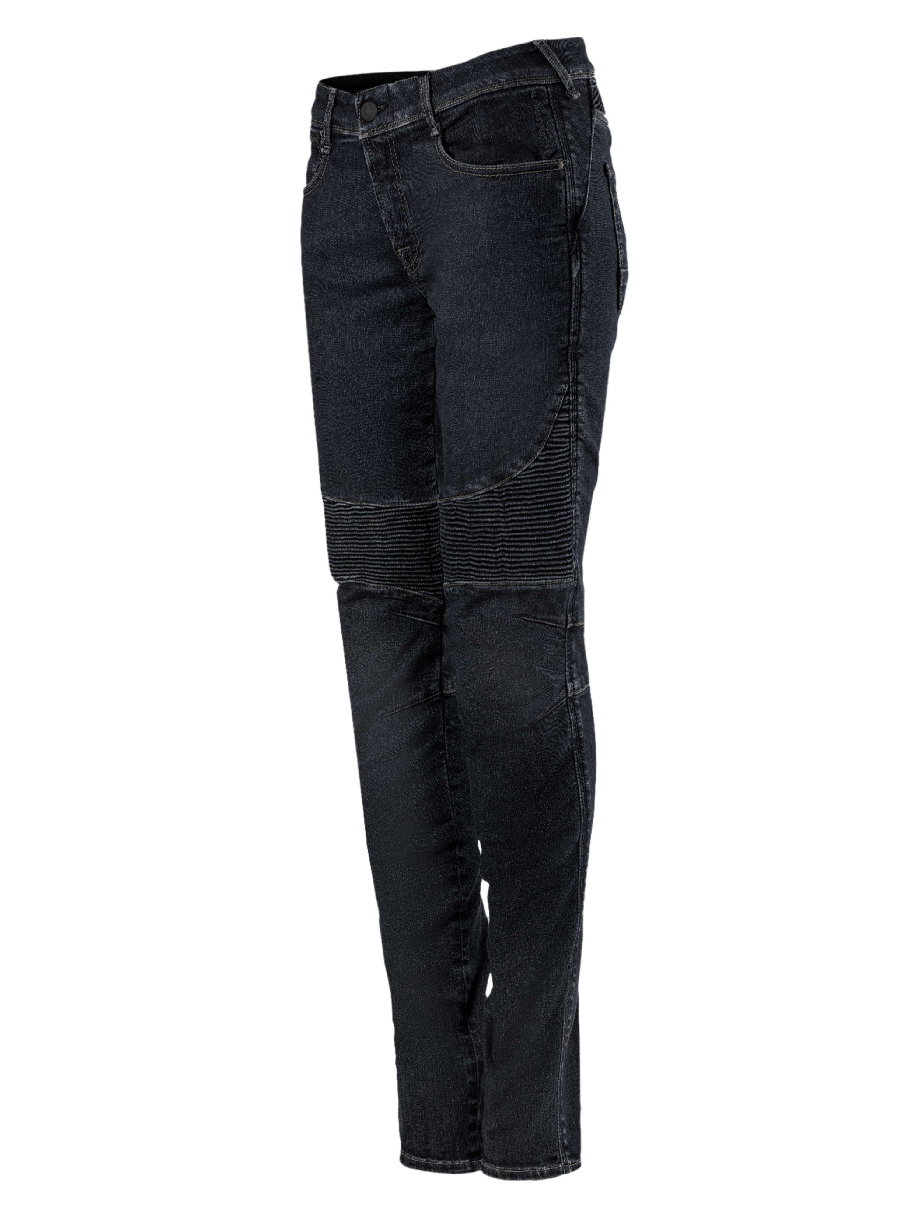 Alpinestars Stella Callie Denim, Women's Motorcycle Pants, Black Waxed, slim fit featuring ribbed accordion panels above the knees, contemporary urban design, side profile view