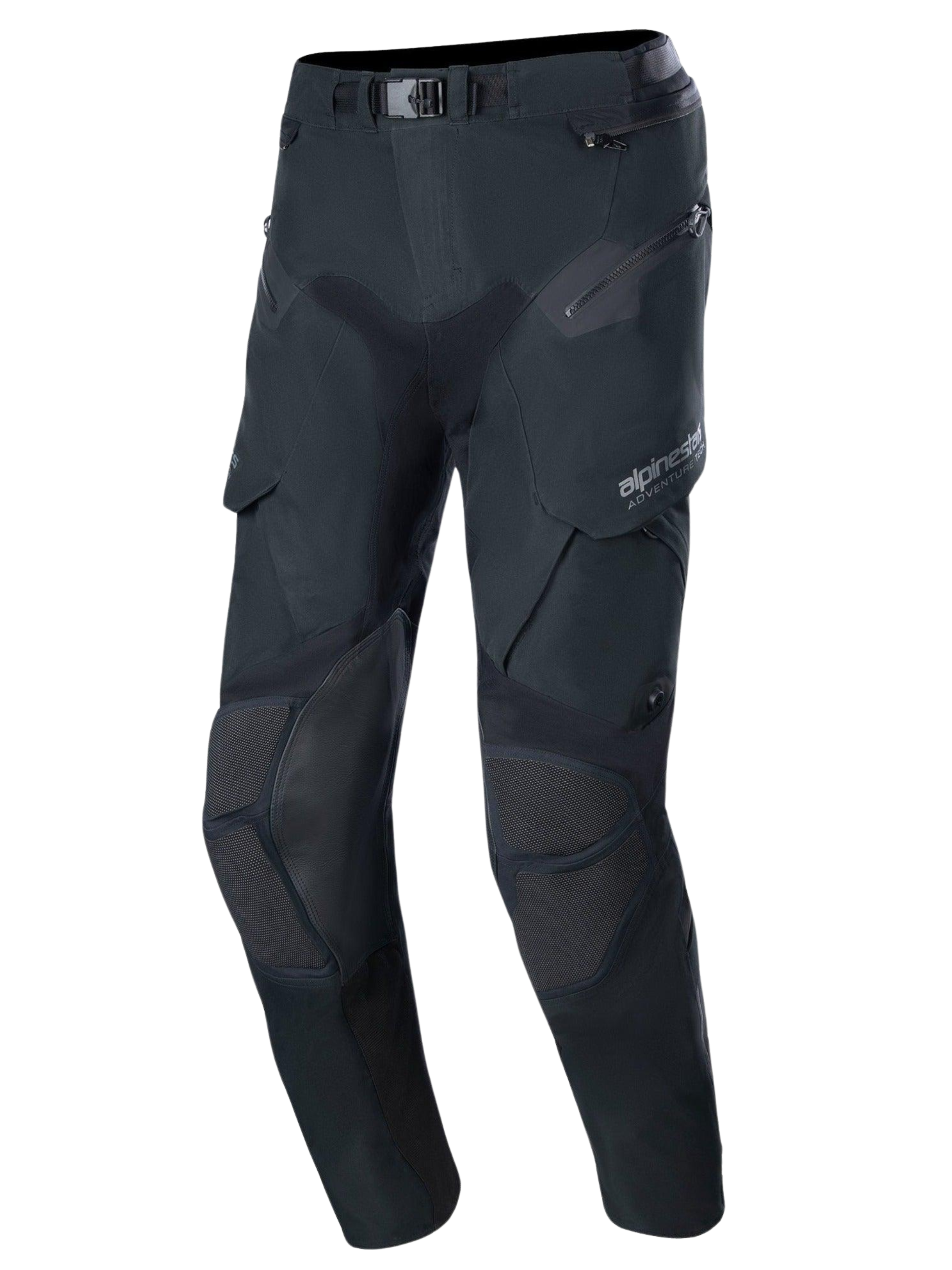 Alpinestars Boulder 3L GORE-TEX Pants - Short Length, Black Adventure Motorcycle Pants, featuring reinforced knee and thigh panels, multiple zippered pockets, magnetic belt buckle waist, and durable textured fabric for waterproof protection