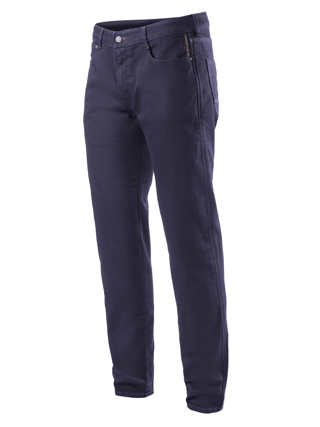 Alpinestars Copper V2 Denim Pants Largo Corto, pantalones vaqueros para moto, azul marino, diseño clásico de pierna recta, cierre de botón y cremallera, bolsillos frontales con bolsillo para monedas, trabillas para cinturón y confección en denim resistente