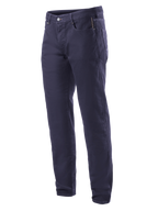 Alpinestars Copper V2 Denim Pants Largo Corto, pantalones vaqueros para moto, azul marino, diseño clásico de pierna recta, cierre de botón y cremallera, bolsillos frontales con bolsillo para monedas, trabillas para cinturón y confección en denim resistente