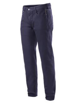 Alpinestars Copper V2 Denim Pants Largo Corto, pantalones vaqueros para moto, azul marino, diseño clásico de pierna recta, cierre de botón y cremallera, bolsillos frontales con bolsillo para monedas, trabillas para cinturón y confección en denim resistente