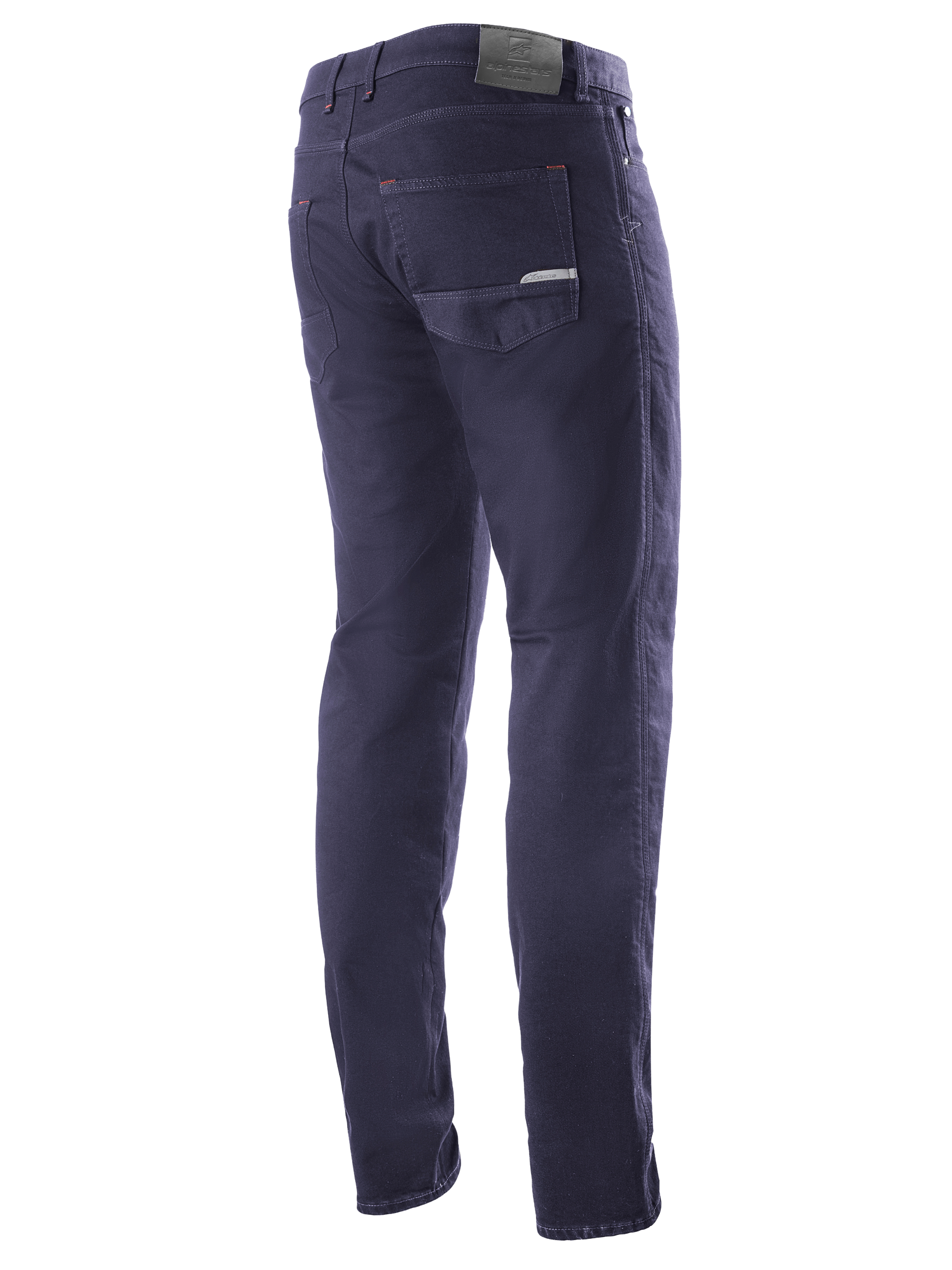 Alpinestars Copper V2 Denim Pants Largo Corto, azul Rinse, vista trasera de tres cuartos que muestra los bolsillos traseros y el parche de cuero en la cintura, vaqueros de moto urbanos con un aspecto denim clásico