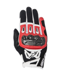 Guantes Alpinestars SMX-2 Air Carbon V2, guantes para moto, negros, rojos y blancos, con protector de nudillos de fibra de carbono, paneles de malla 3D transpirables y logotipo de Alpinestars, diseño de puño corto para conducción deportiva.
