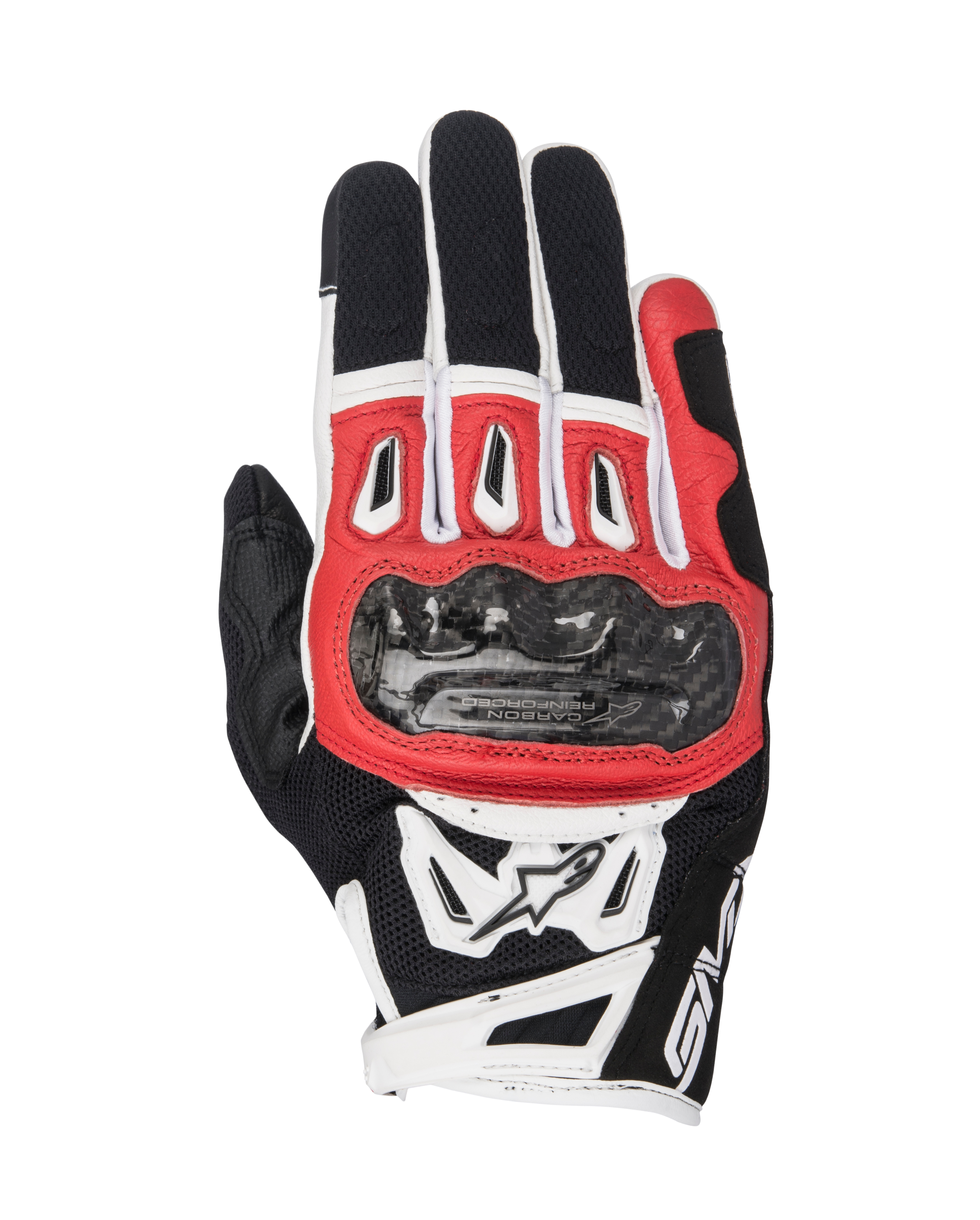 Guantes Alpinestars SMX-2 Air Carbon V2, guantes para moto, negros, rojos y blancos, con protector de nudillos de fibra de carbono, paneles de malla 3D transpirables y logotipo de Alpinestars, diseño de puño corto para conducción deportiva.