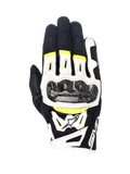 Guantes Alpinestars SMX-2 Air Carbon V2, guantes de moto, en negro, blanco y amarillo flúor, con protectores de nudillos de fibra de carbono, construcción de malla 3D y cuero, equipamiento deportivo de carretera con detalles fluorescentes