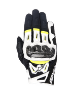 Guantes Alpinestars SMX-2 Air Carbon V2, guantes de moto, en negro, blanco y amarillo flúor, con protectores de nudillos de fibra de carbono, construcción de malla 3D y cuero, equipamiento deportivo de carretera con detalles fluorescentes