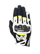 Guantes Alpinestars SMX-2 Air Carbon V2, guantes de moto, en negro, blanco y amarillo flúor, con protectores de nudillos de fibra de carbono, construcción de malla 3D y cuero, equipamiento deportivo de carretera con detalles fluorescentes