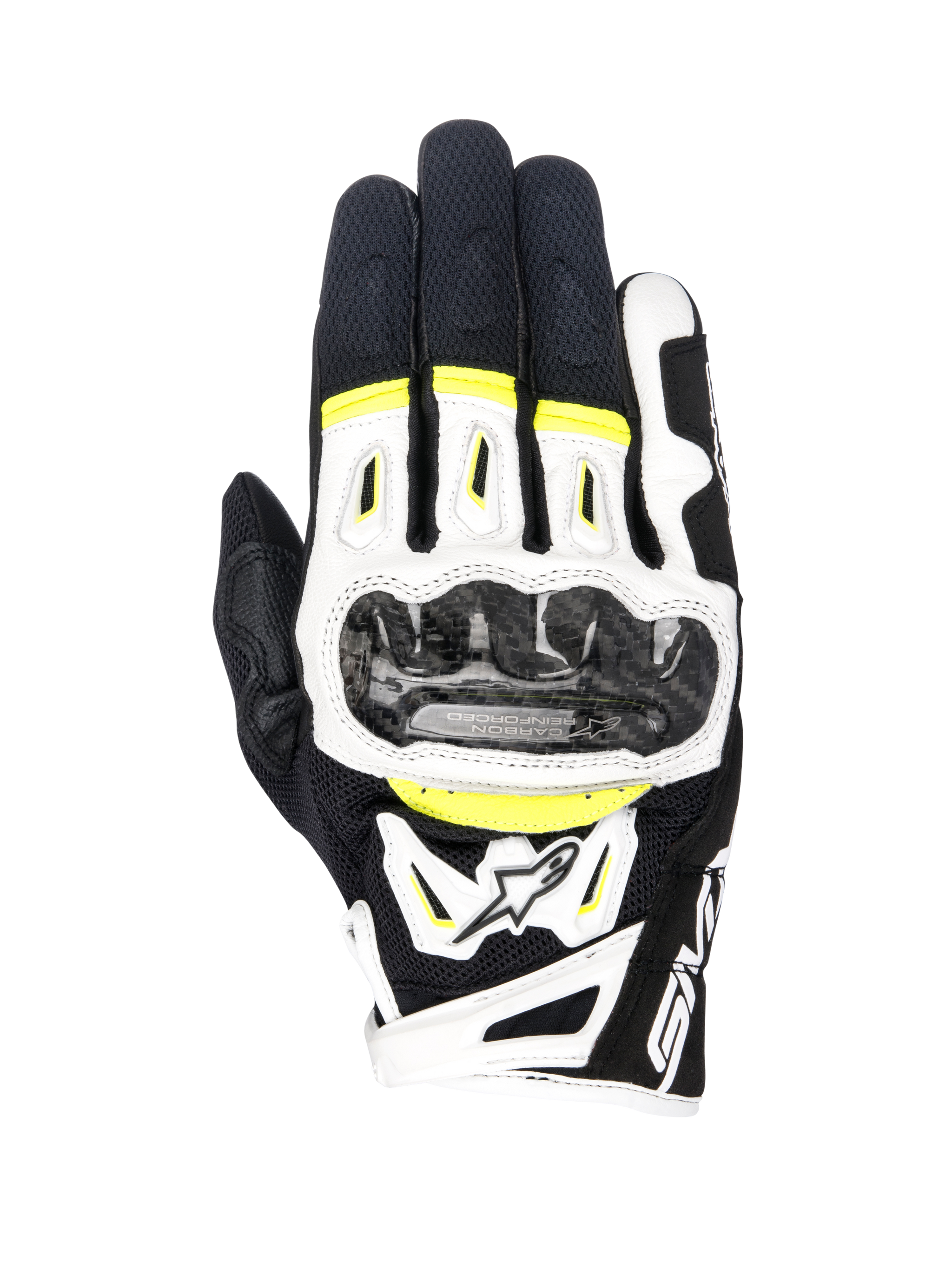 Guantes Alpinestars SMX-2 Air Carbon V2, guantes de moto, en negro, blanco y amarillo flúor, con protectores de nudillos de fibra de carbono, construcción de malla 3D y cuero, equipamiento deportivo de carretera con detalles fluorescentes
