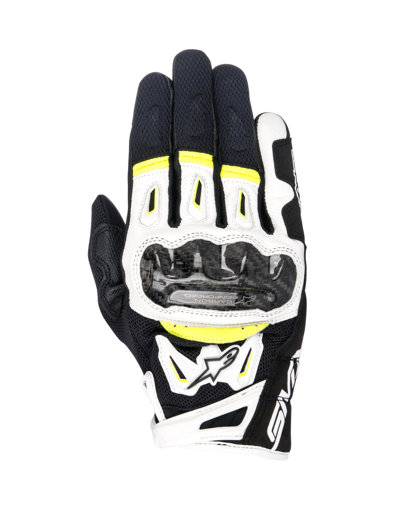 Guantes Alpinestars SMX-2 Air Carbon V2, guantes de moto, en negro, blanco y amarillo flúor, con protectores de nudillos de fibra de carbono, construcción de malla 3D y cuero, equipamiento deportivo de carretera con detalles fluorescentes