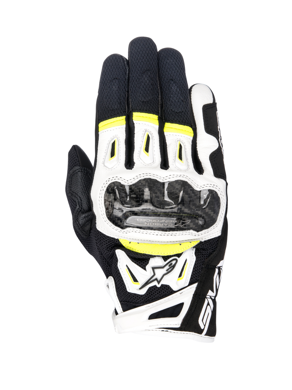 Guantes Alpinestars SMX-2 Air Carbon V2, guantes de moto, en negro, blanco y amarillo flúor, con protectores de nudillos de fibra de carbono, construcción de malla 3D y cuero, equipamiento deportivo de carretera con detalles fluorescentes