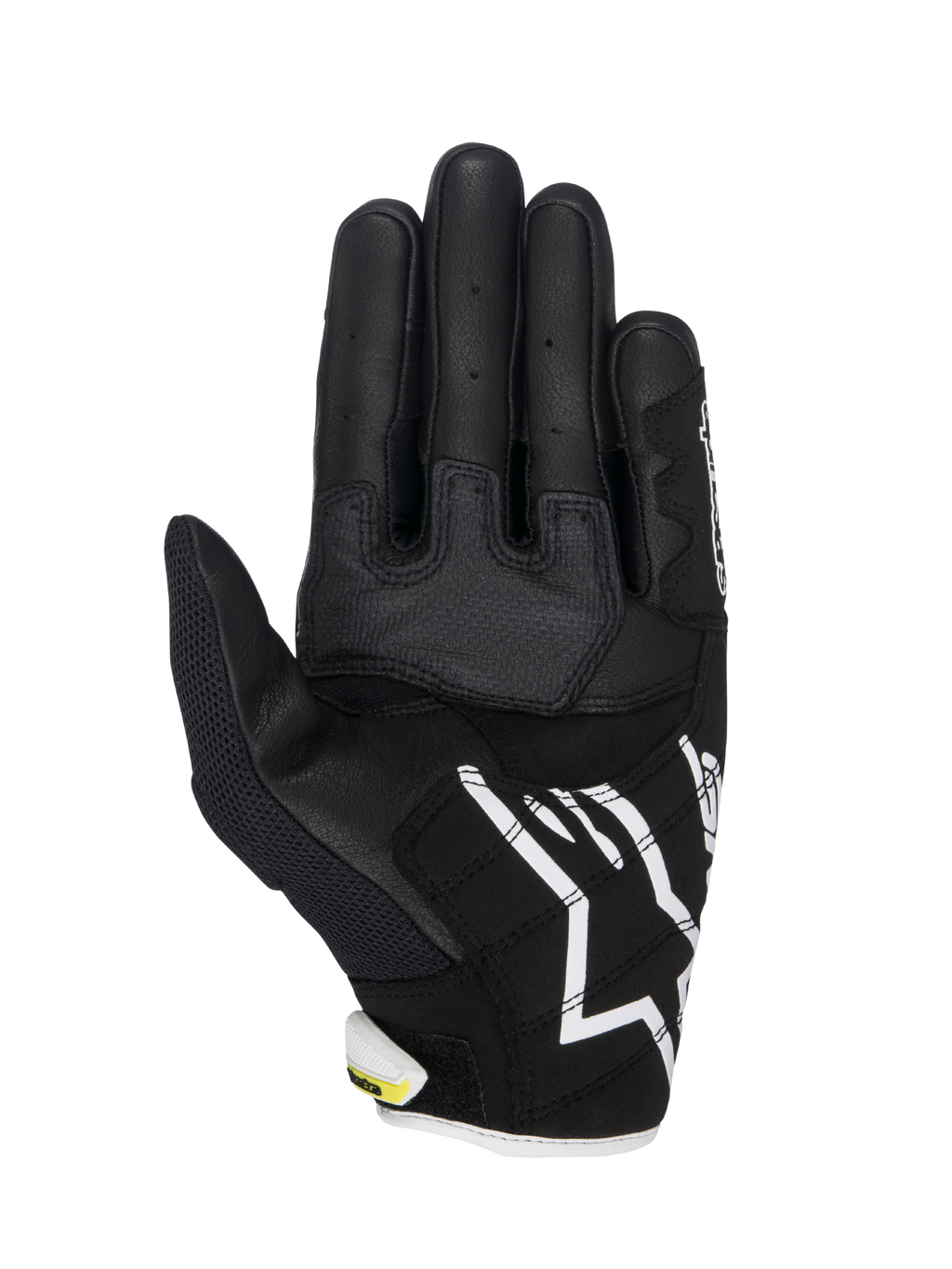 Guantes Alpinestars SMX-2 Air Carbon V2, guantes de moto, negro y blanco con acentos en amarillo fluorescente, vista de la palma que muestra la construcción de cuero y malla 3D, paneles de agarre reforzados, logotipo blanco de Alpinestars en el puño