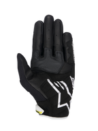 Guantes Alpinestars SMX-2 Air Carbon V2, guantes de moto, negro y blanco con acentos en amarillo fluorescente, vista de la palma que muestra la construcción de cuero y malla 3D, paneles de agarre reforzados, logotipo blanco de Alpinestars en el puño