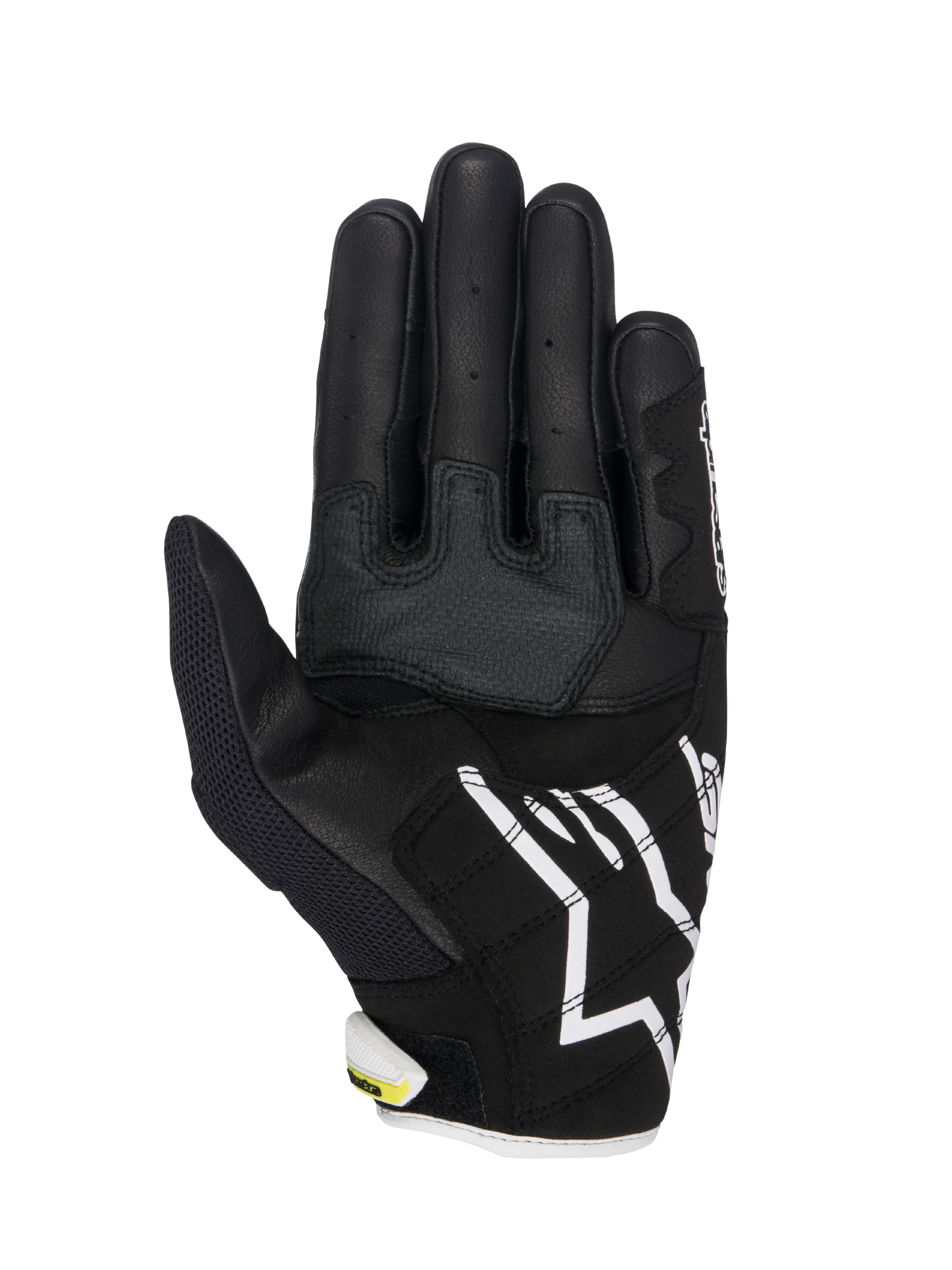 Guantes Alpinestars SMX-2 Air Carbon V2, guantes de moto, negro y blanco con acentos en amarillo fluorescente, vista de la palma que muestra la construcción de cuero y malla 3D, paneles de agarre reforzados, logotipo blanco de Alpinestars en el puño