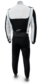 Alpinestars Tech Vision V3, traje a medida con largo ajustado para automovilismo, vista trasera, negro y blanco con detalles azules, certificado FIA y SFI