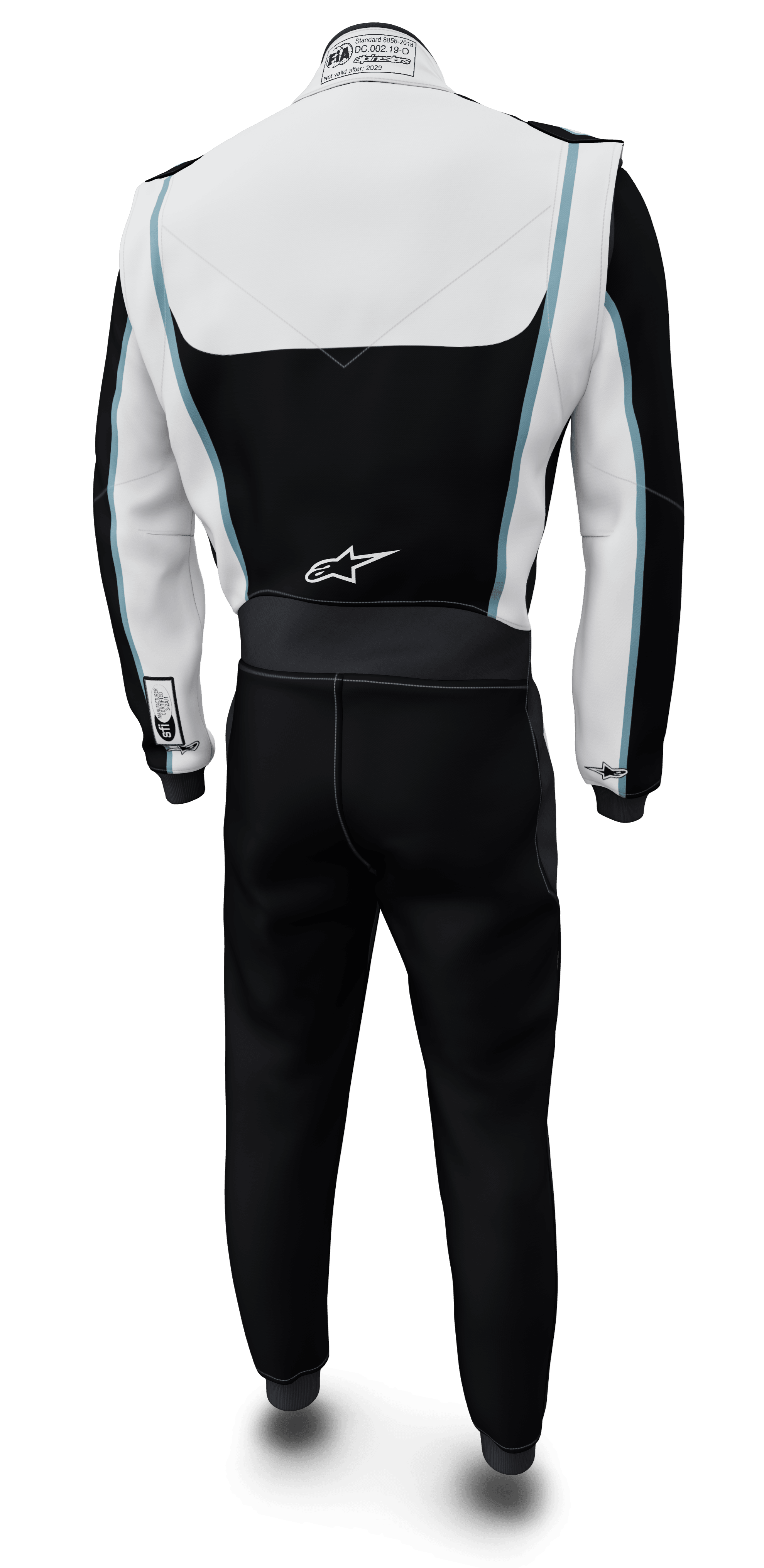 Alpinestars Tech Vision V3, traje a medida con largo ajustado para automovilismo, vista trasera, negro y blanco con detalles azules, certificado FIA y SFI