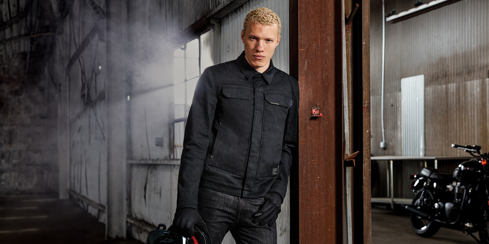 Alpinestars Garage Jacket, Urban Motorcycle Jacket, Men's, Smoke Gray, Stretch Denim, on model in a garage setting.