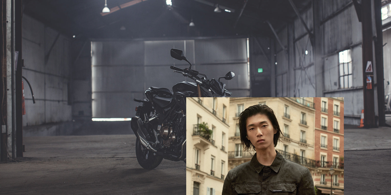 Alpinestars Garage Jacket, men's Smoke Gray urban motorcycle denim jacket, shown on-model in a city setting.
