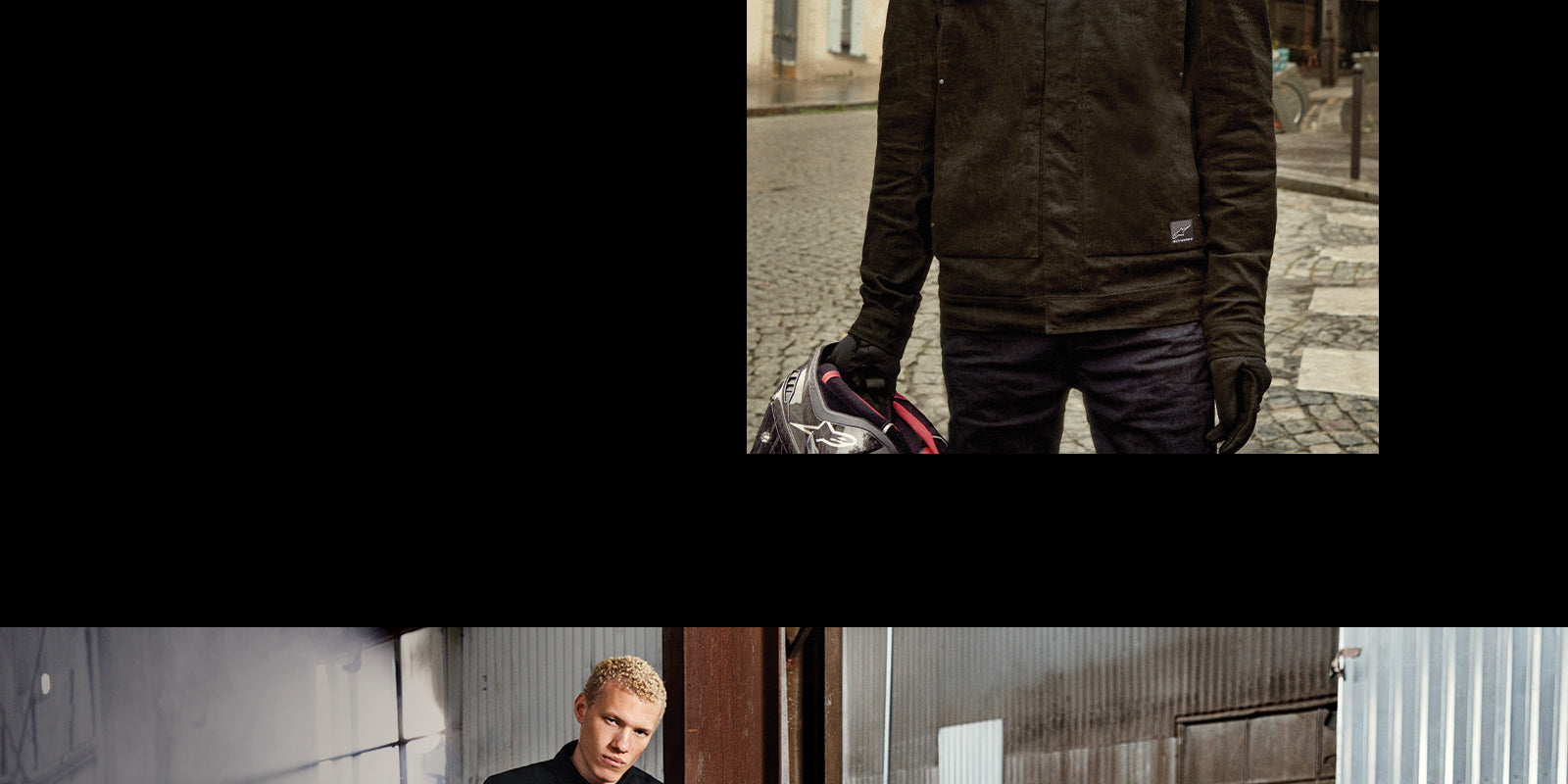 Alpinestars Garage Jacket in Smoke Gray, men's urban motorcycle jacket in stretch denim, shown on-model in a city setting.