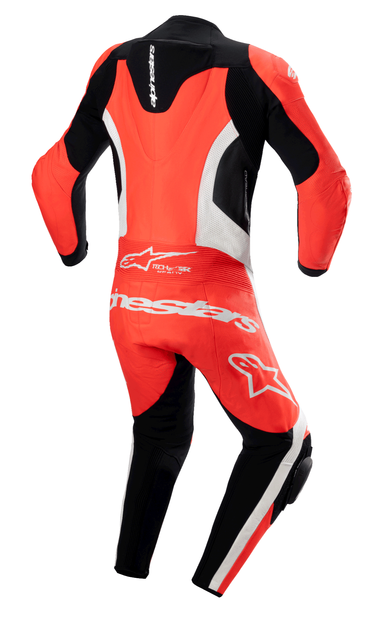 Mono de cuero Alpinestars GP Force Lurv de una pieza, rojo flúor, blanco y negro, vista trasera con joroba aerodinámica, paneles de cuero blanco perforado y marca Alpinestars en blanco destacado en la zona lumbar, traje de competición profesional con paneles elásticos de acordeón